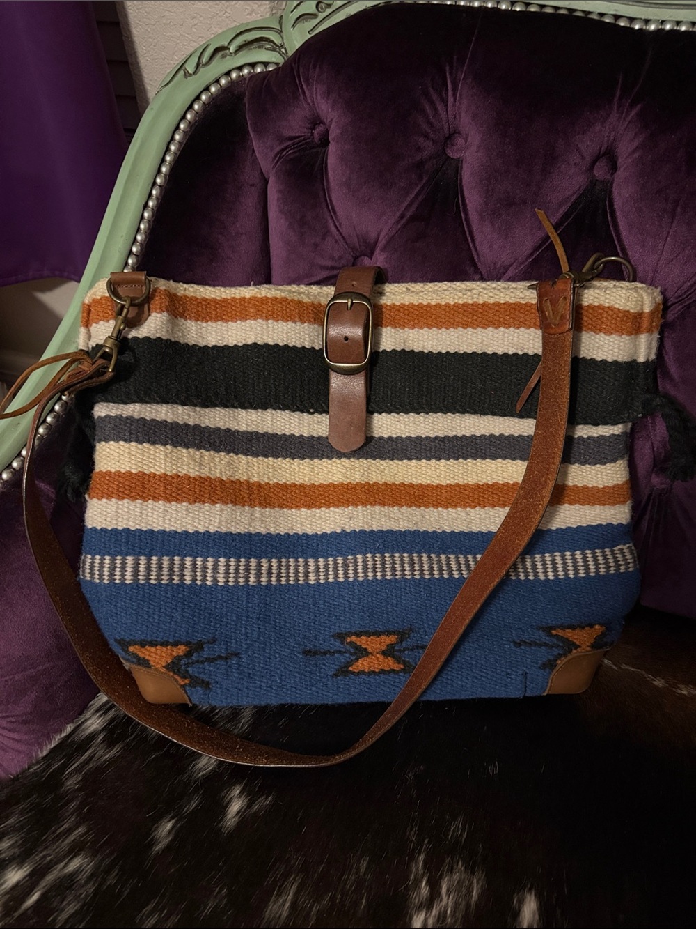 McFadin, Woven Stripe Shoulder Bag with Leather Strap - Blue, Orange & Cream